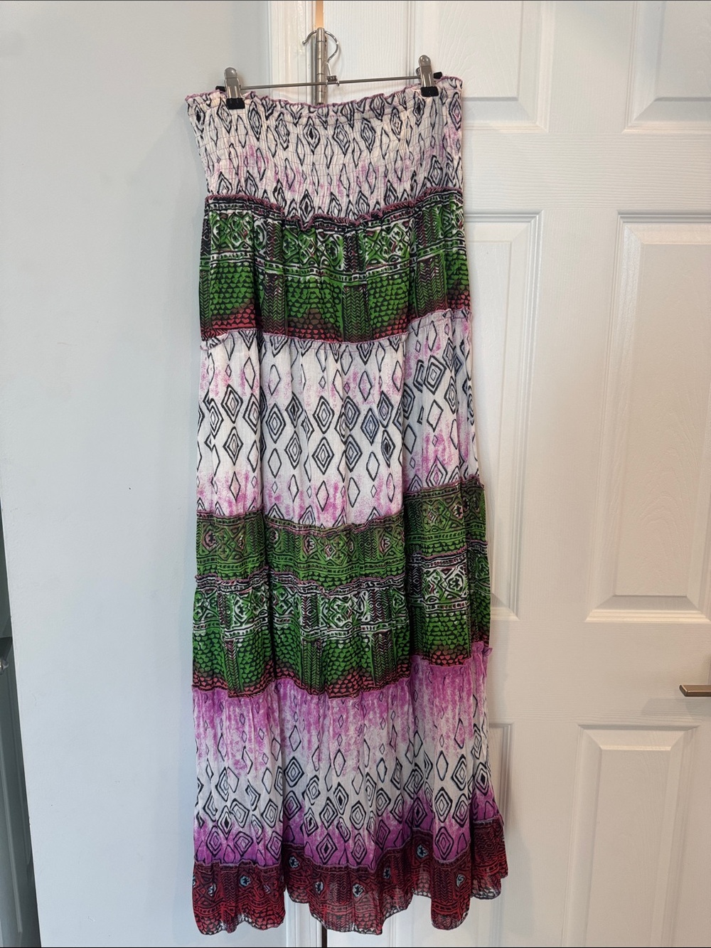 Strapless Boho Maxi Dress in Green & Pink